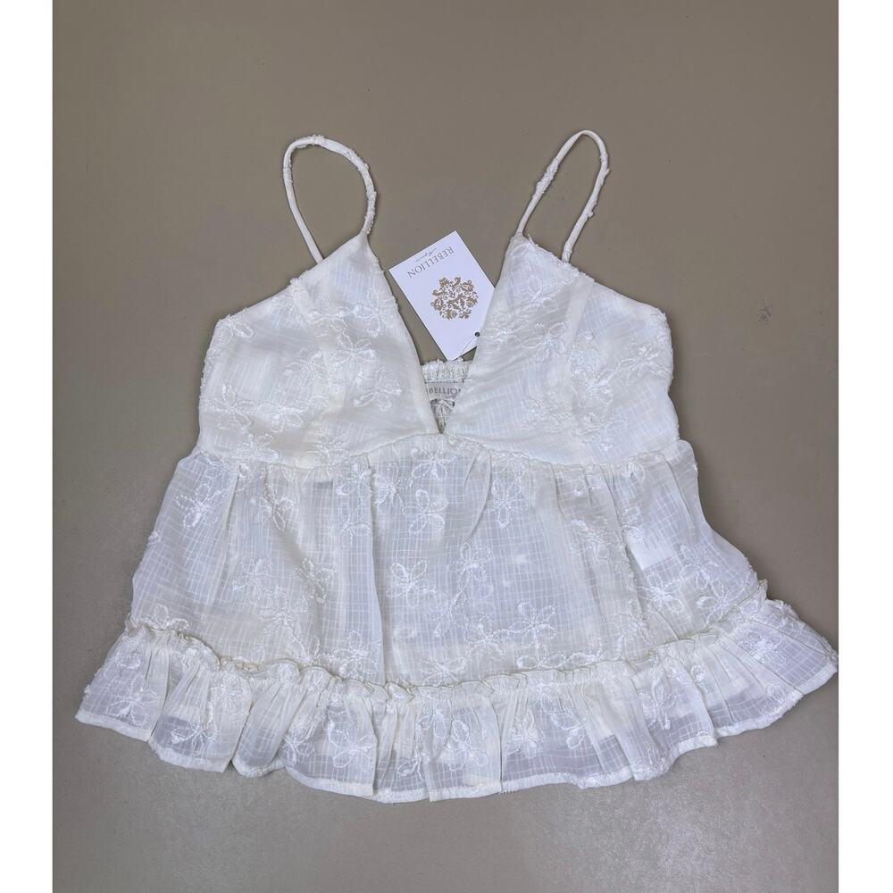 Women’s White Embroidered Babydoll Cami Top S Rebellion Again Ruffle Boho NWT